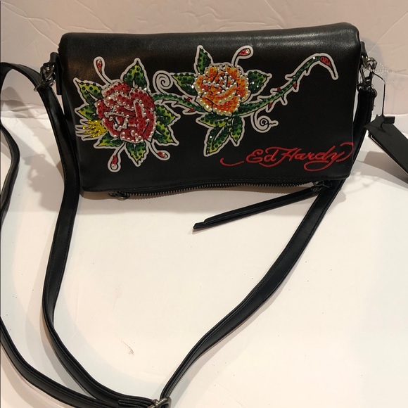 Ed Hardy black and floral rhinestones studded oldover crossbody bag brand new - Picture 2 of 16